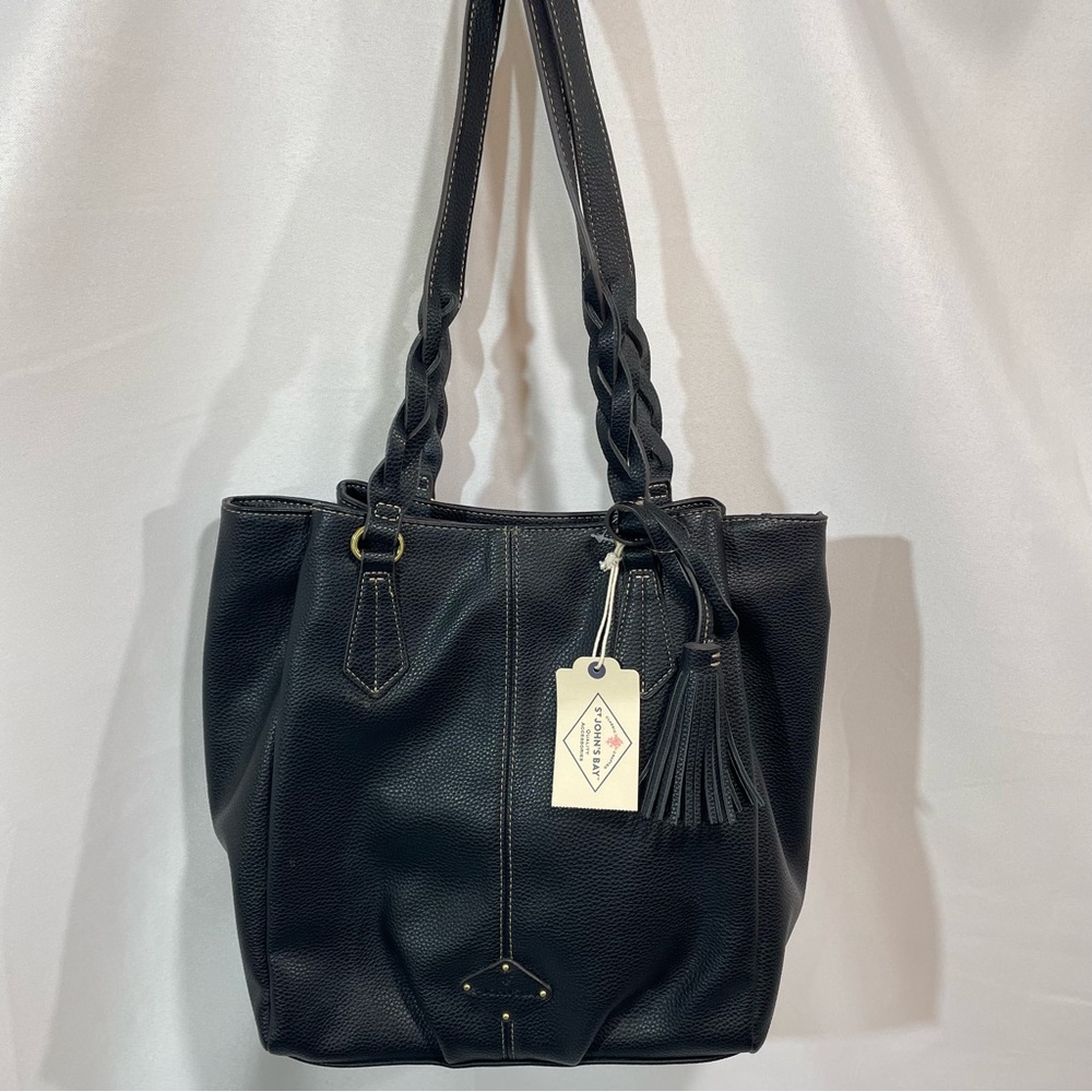 St. John's Bay Harper Shopper Tote Bag Faux Leather Black Double Handle